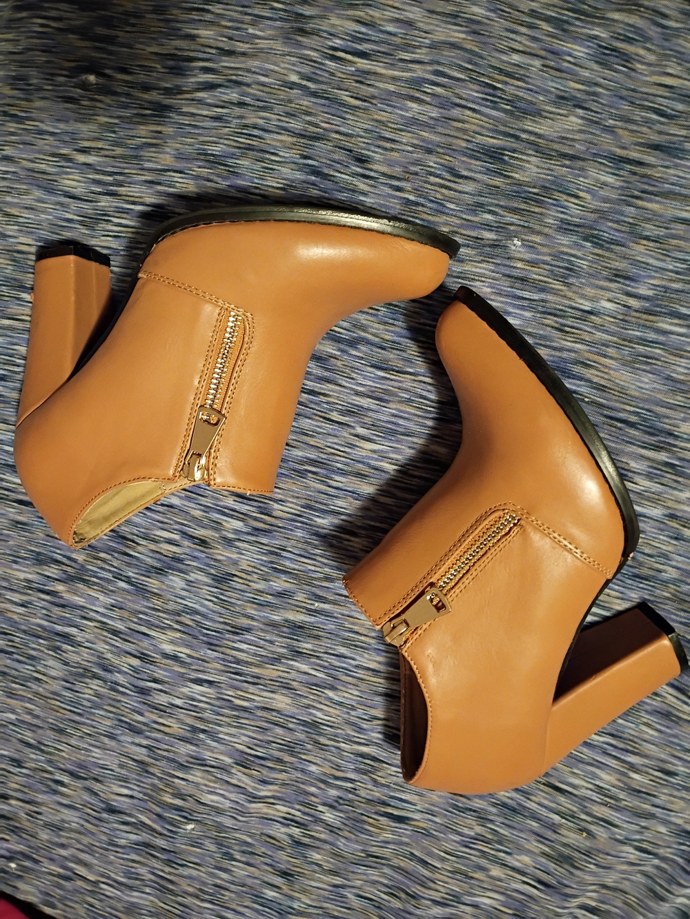 Tan Women's High Block Heel Ankle Booties with Side Zipper